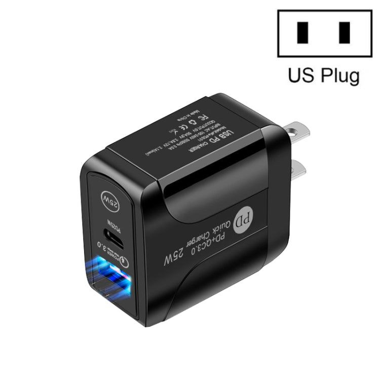 شاحن سريع بورت مزدوج PD25W USB-C / Type-C + QC3.0 USB، قابس الولايات المتحدة، قابس الولايات المتحدة
