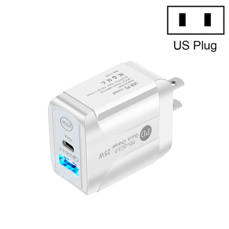 شاحن سريع بورت مزدوج PD25W USB-C / Type-C + QC3.0 USB، قابس الولايات المتحدة، قابس الولايات المتحدة