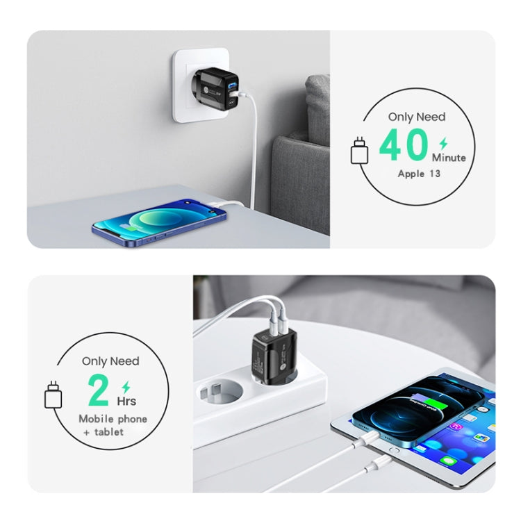 شاحن سريع بورت مزدوج PD25W USB-C / Type-C + QC3.0 USB، قابس الولايات المتحدة، قابس الولايات المتحدة