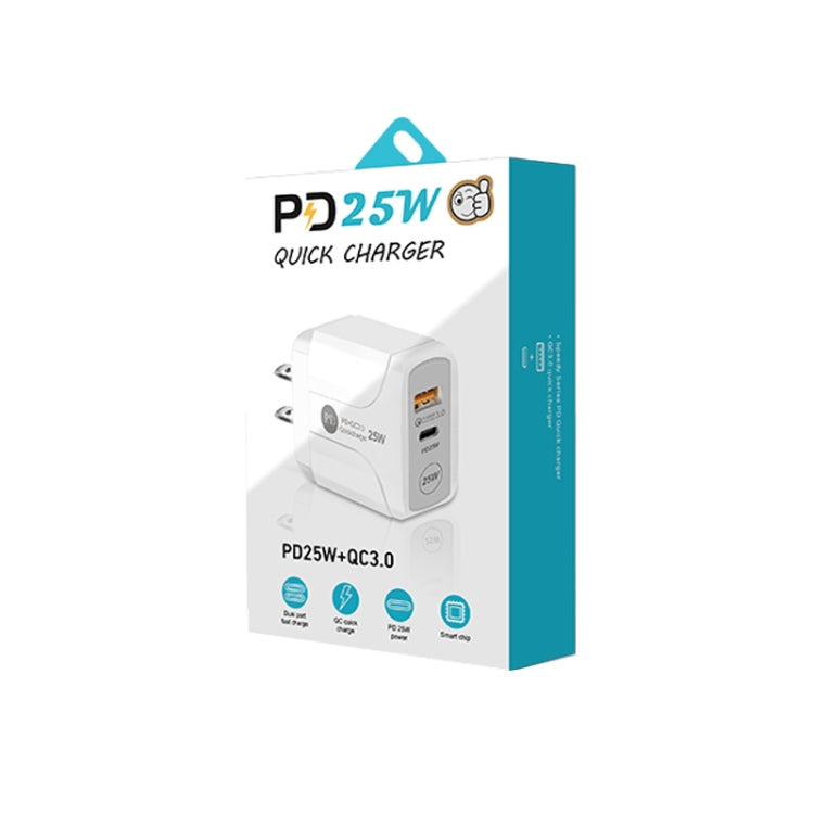 شاحن سريع بورت مزدوج PD25W USB-C / Type-C + QC3.0 USB، قابس الولايات المتحدة، قابس الولايات المتحدة