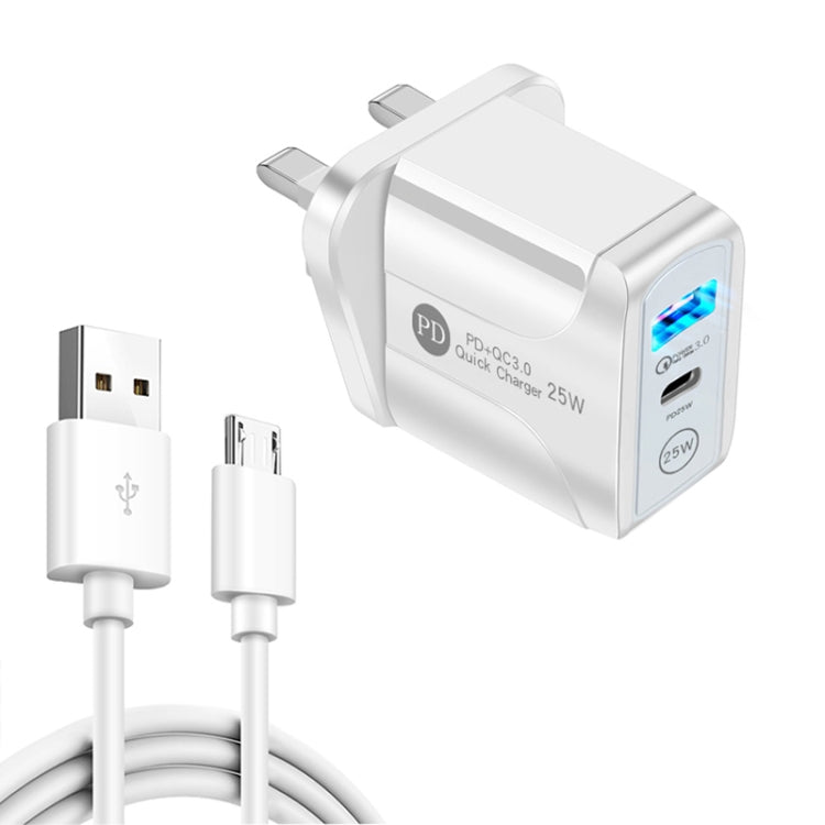 شاحن سريع بمنفذي USB-C / Type-C وQC3.0 مع كابل بيانات USB إلى Micro USB، قابس المملكة المتحدة، قابس المملكة المتحدة + كابل USB إلى Micro USB