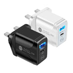 شاحن سريع بمنفذي USB-C / Type-C وQC3.0 مع كابل بيانات USB إلى Type-C، قابس المملكة المتحدة، قابس المملكة المتحدة + كابل USB إلى Type-C
