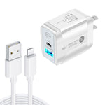 شاحن سريع بورت مزدوج PD25W USB-C / Type-C + QC3.0 USB مع كابل بيانات USB إلى 8 بن، قابس الولايات المتحدة، قابس الولايات المتحدة + كابل USB إلى 8 بن