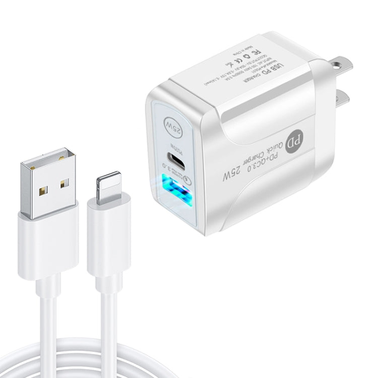 شاحن سريع بورت مزدوج PD25W USB-C / Type-C + QC3.0 USB مع كابل بيانات USB إلى 8 بن، قابس الولايات المتحدة، قابس الولايات المتحدة + كابل USB إلى 8 بن