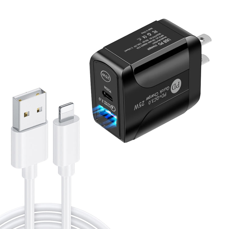 شاحن سريع بورت مزدوج PD25W USB-C / Type-C + QC3.0 USB مع كابل بيانات USB إلى 8 بن، قابس الولايات المتحدة، قابس الولايات المتحدة + كابل USB إلى 8 بن