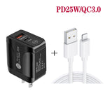 شاحن سريع بورت مزدوج PD25W USB-C / Type-C + QC3.0 USB مع كابل بيانات USB إلى 8 بن، قابس الولايات المتحدة، قابس الولايات المتحدة + كابل USB إلى 8 بن
