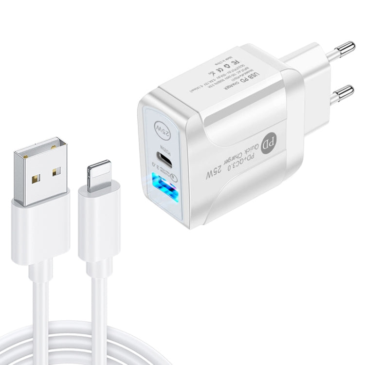 شاحن سريع بورت مزدوج PD25W USB-C / Type-C + QC3.0 USB مع كابل بيانات USB إلى 8 بن، قابس الاتحاد الأوروبي، قابس الاتحاد الأوروبي + كابل USB إلى 8 بن