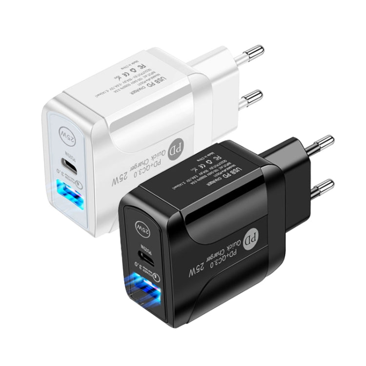 شاحن سريع بورت مزدوج PD25W USB-C / Type-C + QC3.0 USB مع كابل بيانات USB إلى 8 بن، قابس الاتحاد الأوروبي، قابس الاتحاد الأوروبي + كابل USB إلى 8 بن