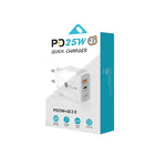 شاحن سريع بورت مزدوج PD25W USB-C / Type-C + QC3.0 USB مع كابل بيانات USB إلى 8 بن، قابس الاتحاد الأوروبي، قابس الاتحاد الأوروبي + كابل USB إلى 8 بن