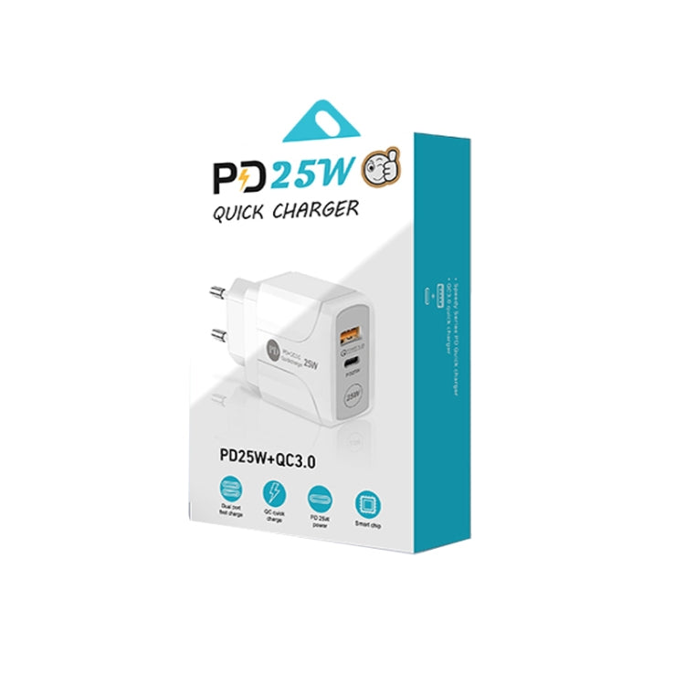 شاحن سريع بورت مزدوج PD25W USB-C / Type-C + QC3.0 USB مع كابل بيانات USB إلى 8 بن، قابس الاتحاد الأوروبي، قابس الاتحاد الأوروبي + كابل USB إلى 8 بن