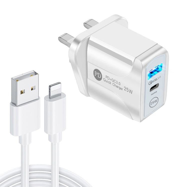 شاحن سريع بورت مزدوج PD25W USB-C / Type-C + QC3.0 USB مع كابل بيانات USB إلى 8 بن، قابس المملكة المتحدة، قابس المملكة المتحدة + كابل USB إلى 8 بن