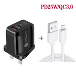 شاحن سريع بورت مزدوج PD25W USB-C / Type-C + QC3.0 USB مع كابل بيانات USB إلى 8 بن، قابس المملكة المتحدة، قابس المملكة المتحدة + كابل USB إلى 8 بن