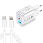 شاحن سريع بورت مزدوج PD25W USB-C / Type-C + QC3.0 USB مع كابل بيانات USB-C إلى 8 بن، قابس الاتحاد الأوروبي، قابس الاتحاد الأوروبي + كابل USB-C إلى 8 بن