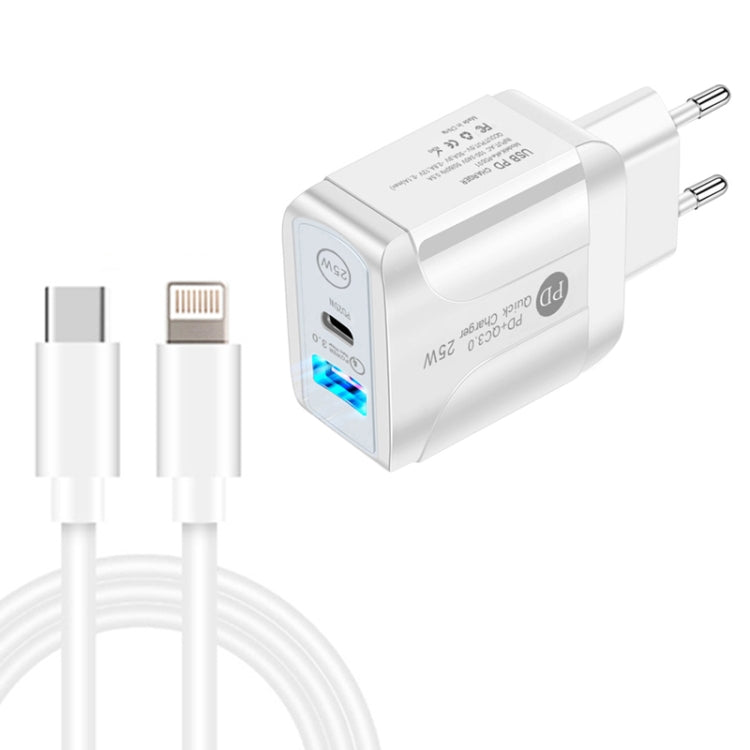 شاحن سريع بورت مزدوج PD25W USB-C / Type-C + QC3.0 USB مع كابل بيانات USB-C إلى 8 بن، قابس الاتحاد الأوروبي، قابس الاتحاد الأوروبي + كابل USB-C إلى 8 بن