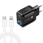 شاحن سريع بورت مزدوج PD25W USB-C / Type-C + QC3.0 USB مع كابل بيانات USB-C إلى 8 بن، قابس الاتحاد الأوروبي، قابس الاتحاد الأوروبي + كابل USB-C إلى 8 بن