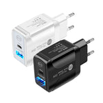 شاحن سريع بورت مزدوج PD25W USB-C / Type-C + QC3.0 USB مع كابل بيانات USB-C إلى 8 بن، قابس الاتحاد الأوروبي، قابس الاتحاد الأوروبي + كابل USB-C إلى 8 بن