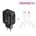 شاحن سريع بورت مزدوج PD25W USB-C / Type-C + QC3.0 USB مع كابل بيانات USB-C إلى 8 بن، قابس الاتحاد الأوروبي، قابس الاتحاد الأوروبي + كابل USB-C إلى 8 بن
