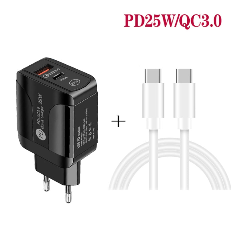 شاحن سريع بمنفذي USB-C / Type-C وQC3.0 مع كابل بيانات USB-C إلى USB-C، قابس الاتحاد الأوروبي، قابس الاتحاد الأوروبي + كابل USB-C إلى USB-C