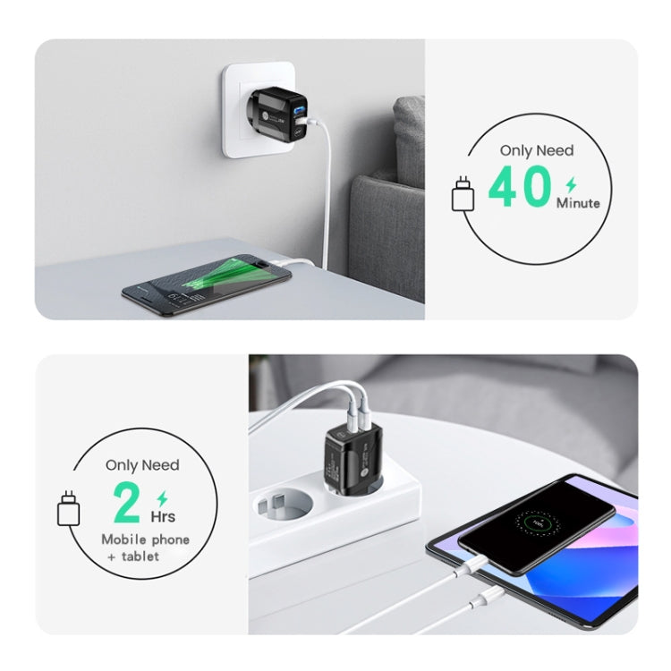 شاحن سريع بمنفذي USB-C / Type-C وQC3.0 مع كابل بيانات USB-C إلى USB-C، قابس الاتحاد الأوروبي، قابس الاتحاد الأوروبي + كابل USB-C إلى USB-C