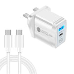 شاحن سريع بمنفذي USB-C / Type-C وQC3.0 مع كابل بيانات USB-C إلى USB-C، قابس المملكة المتحدة، قابس المملكة المتحدة + كابل USB-C إلى USB-C