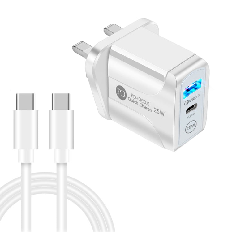 شاحن سريع بمنفذي USB-C / Type-C وQC3.0 مع كابل بيانات USB-C إلى USB-C، قابس المملكة المتحدة، قابس المملكة المتحدة + كابل USB-C إلى USB-C