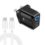 شاحن سريع بمنفذي USB-C / Type-C وQC3.0 مع كابل بيانات USB-C إلى USB-C، قابس المملكة المتحدة، قابس المملكة المتحدة + كابل USB-C إلى USB-C