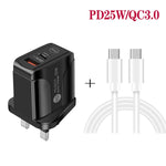 شاحن سريع بمنفذي USB-C / Type-C وQC3.0 مع كابل بيانات USB-C إلى USB-C، قابس المملكة المتحدة، قابس المملكة المتحدة + كابل USB-C إلى USB-C