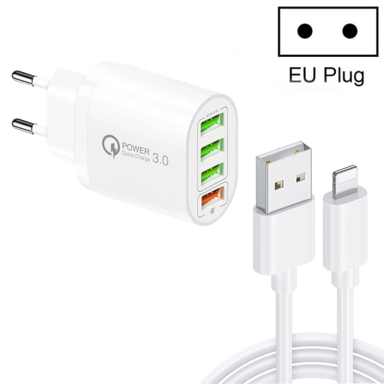 QC-04 شاحن متعدد المنافذ QC3.0 + 3 منافذ USB2.0 مع كابل بيانات USB بقوة 3 أمبير إلى 8 سنون، قابس أوروبي، قابس أوروبي + كابل 8 سنون