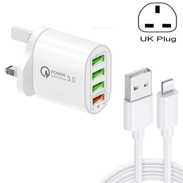 QC-04 شاحن متعدد المنافذ QC3.0 + 3 منافذ USB2.0 مع كابل بيانات USB بقوة 3 أمبير إلى 8 سنون، قابس بريطاني، قابس بريطاني + كابل 8 سنون