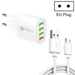 شاحن متعدد المنافذ QC-04 QC3.0 + 3 × USB2.0 مع كابل بيانات USB إلى Micro USB بقوة 3A، قابس الاتحاد الأوروبي، قابس الاتحاد الأوروبي + كابل Micro USB