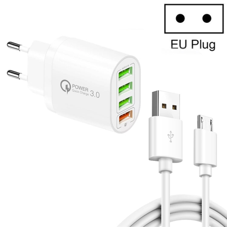 شاحن متعدد المنافذ QC-04 QC3.0 + 3 × USB2.0 مع كابل بيانات USB إلى Micro USB بقوة 3A، قابس الاتحاد الأوروبي، قابس الاتحاد الأوروبي + كابل Micro USB