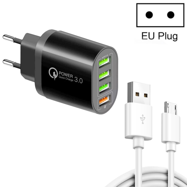 شاحن متعدد المنافذ QC-04 QC3.0 + 3 × USB2.0 مع كابل بيانات USB إلى Micro USB بقوة 3A، قابس الاتحاد الأوروبي، قابس الاتحاد الأوروبي + كابل Micro USB