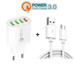 شاحن متعدد المنافذ QC-04 QC3.0 + 3 × USB2.0 مع كابل بيانات USB إلى Micro USB بقوة 3A، قابس الاتحاد الأوروبي، قابس الاتحاد الأوروبي + كابل Micro USB