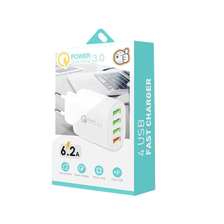 شاحن متعدد المنافذ QC-04 QC3.0 + 3 × USB2.0 مع كابل بيانات USB إلى Micro USB بقوة 3A، قابس الاتحاد الأوروبي، قابس الاتحاد الأوروبي + كابل Micro USB