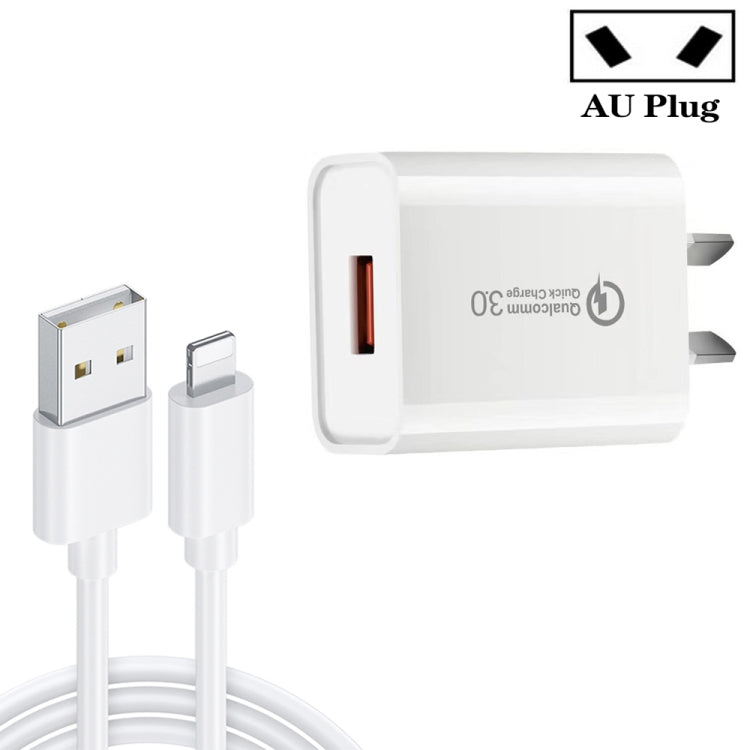 شاحن سريع CA-25 QC3.0 USB 3A مع كابل بيانات USB إلى 8 بن، قابس أستراليا، قابس أستراليا + كابل 8 بن