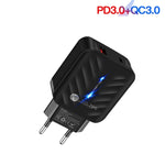 شاحن PD03 20 واط Type-C + QC3.0 USB مع ضوء مؤشر، قابس الاتحاد الأوروبي، قابس الاتحاد الأوروبي + كابل USB إلى Type-C