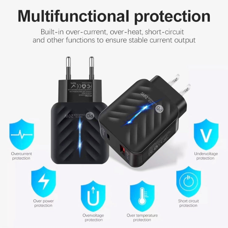 شاحن PD03 20 واط Type-C + QC3.0 USB مع ضوء مؤشر، قابس الاتحاد الأوروبي، قابس الاتحاد الأوروبي + كابل USB إلى Type-C