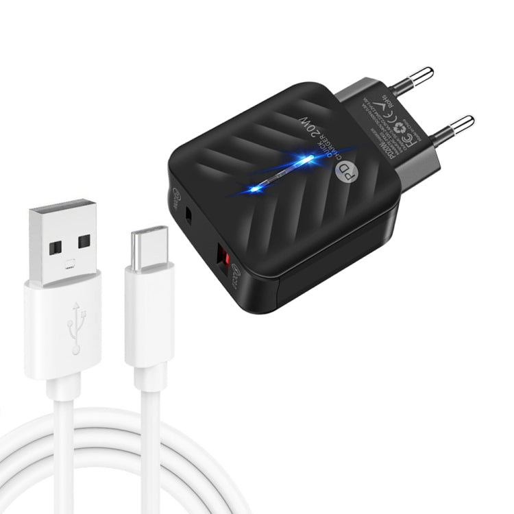 شاحن USB PD03 20W PD3.0 + QC3.0 مع كابل بيانات USB إلى Type-C، قابس EU، قابس EU، قابس EU + كابل USB إلى Type-C