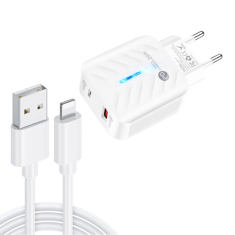 شاحن PD03 20 واط PD3.0 + QC3.0 USB مع كابل بيانات USB إلى 8 بن، قابس الاتحاد الأوروبي، قابس الاتحاد الأوروبي + كابل USB إلى 8 بن