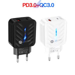 شاحن PD03 20 واط PD3.0 + QC3.0 USB مع كابل بيانات USB إلى 8 بن، قابس الاتحاد الأوروبي، قابس الاتحاد الأوروبي + كابل USB إلى 8 بن