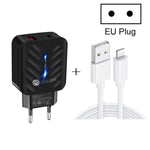شاحن PD03 20 واط PD3.0 + QC3.0 USB مع كابل بيانات USB إلى 8 بن، قابس الاتحاد الأوروبي، قابس الاتحاد الأوروبي + كابل USB إلى 8 بن