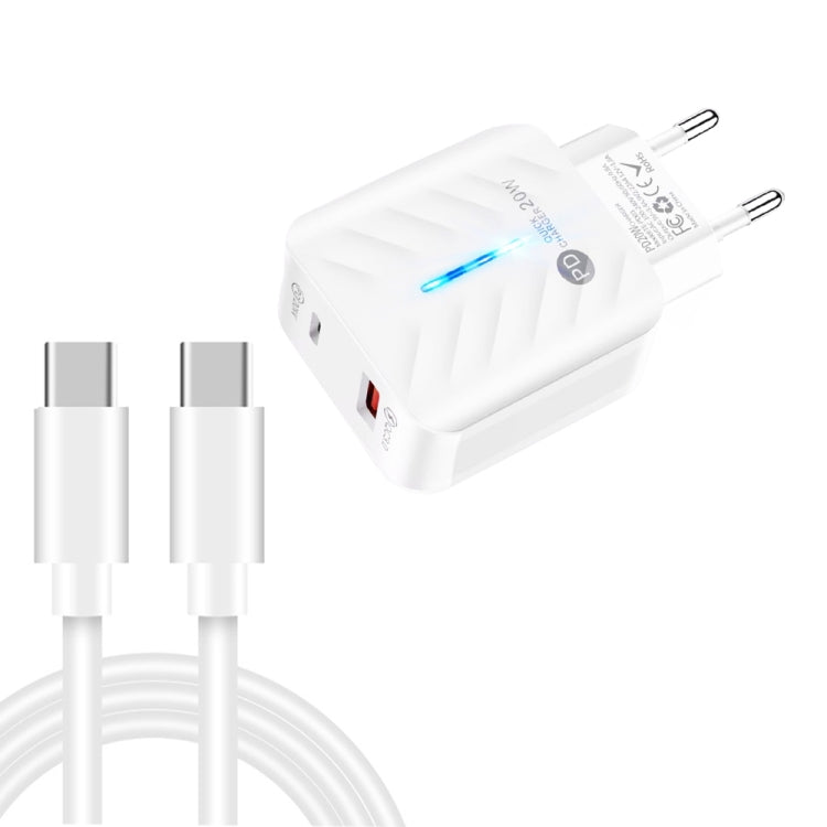 شاحن USB PD03 20W PD3.0 + QC3.0 مع كابل بيانات Type-C إلى Type-C، قابس EU، قابس EU + كابل Type-C إلى Type-C