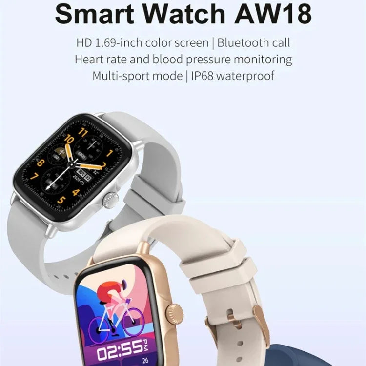 ساعة ذكية AW18 بشاشة ملونة 1.69 بوصة، تدعم المكالمات عبر البلوتوث / مراقبة معدل ضربات القلب