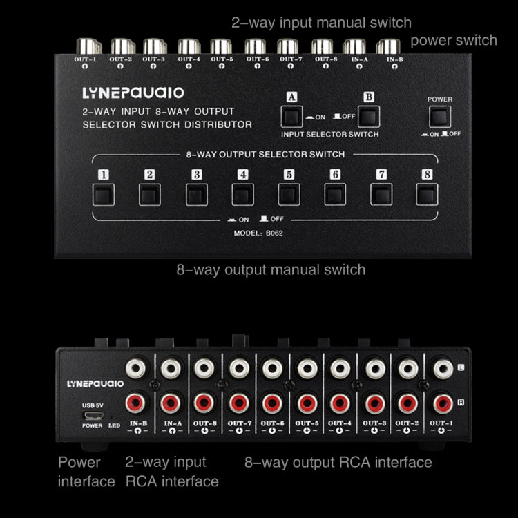 2 In 8 Out RCA Audio Frequency Signal Select Switch Distributor, 2 In 8 Out