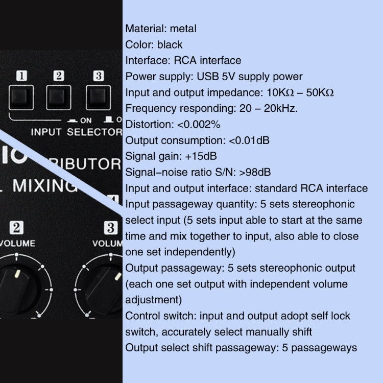 5 In 5 Out Audio Signal Selector Sound Mixing Distribute Device Input Independent Switch, 5 In 5 Out