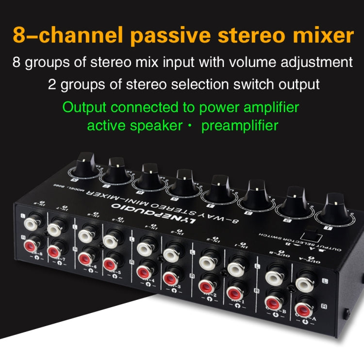 B066 Mini Stereo 8 Channel RCA Non Source Sound Passive Mixer, No Power Supply, 8 Channel RCA