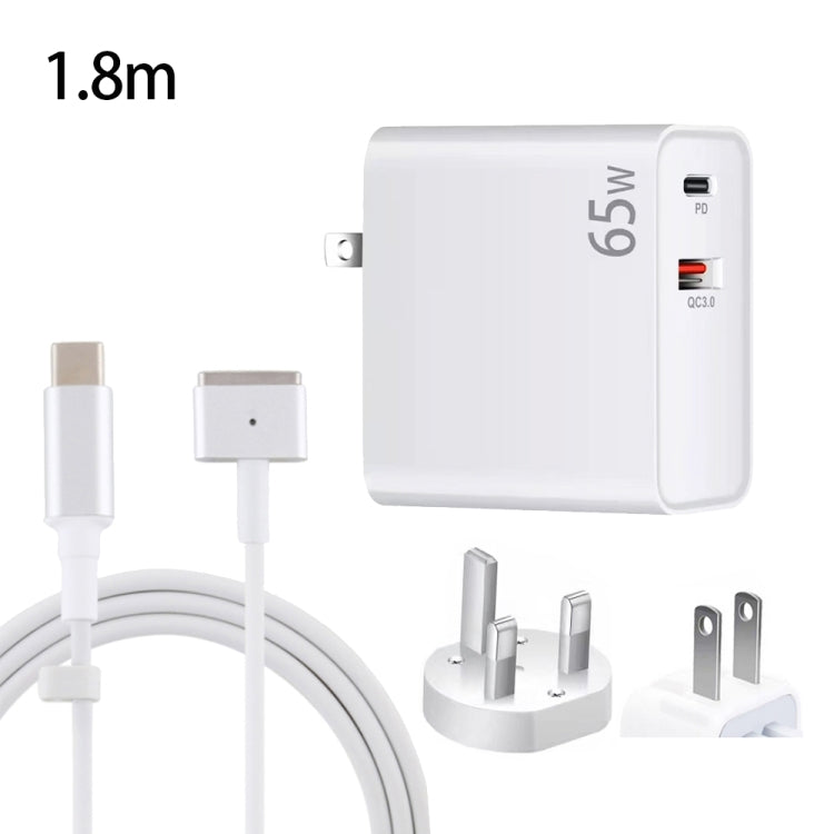 محول شحن لابتوب USB-C / Type-C + QC3.0 بقوة 65 واط + كابل بيانات USB-C / Type-C إلى MagSafe 2 / رأس T بطول 1.8 متر، قابس المملكة المتحدة / قابس الولايات المتحدة، كابل MagSafe 2 / T، قابس المملكة المتحدة / قابس الولايات المتحدة