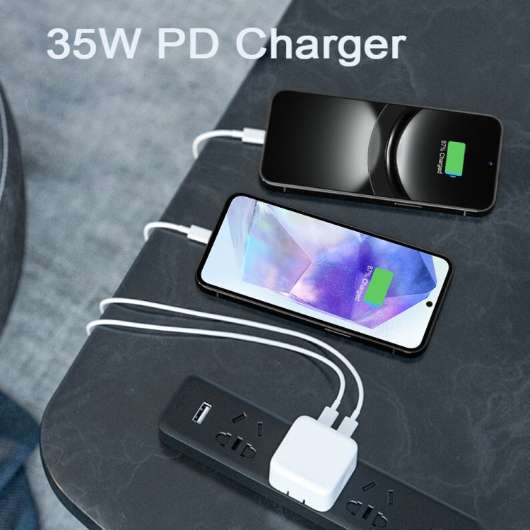 شاحن PD 35W بمنافذ USB-C / Type-C مزدوجة مع كابل بيانات Type-C إلى Type-C، قابس US، قابس US + كابل Type-C مزدوج بطول 1 متر، قابس US + كابل Type-C مزدوج بطول 2 متر