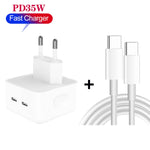 شاحن PD 35W بمنافذ USB-C / Type-C مزدوجة مع كابل بيانات Type-C إلى Type-C، قابس EU، قابس EU + كابل Type-C مزدوج بطول 1 متر، قابس EU + كابل Type-C مزدوج بطول 2 متر