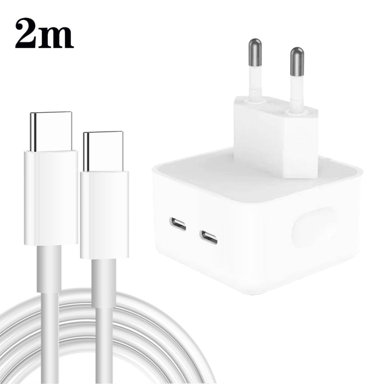 شاحن PD 35W بمنافذ USB-C / Type-C مزدوجة مع كابل بيانات Type-C إلى Type-C، قابس EU، قابس EU + كابل Type-C مزدوج بطول 1 متر، قابس EU + كابل Type-C مزدوج بطول 2 متر
